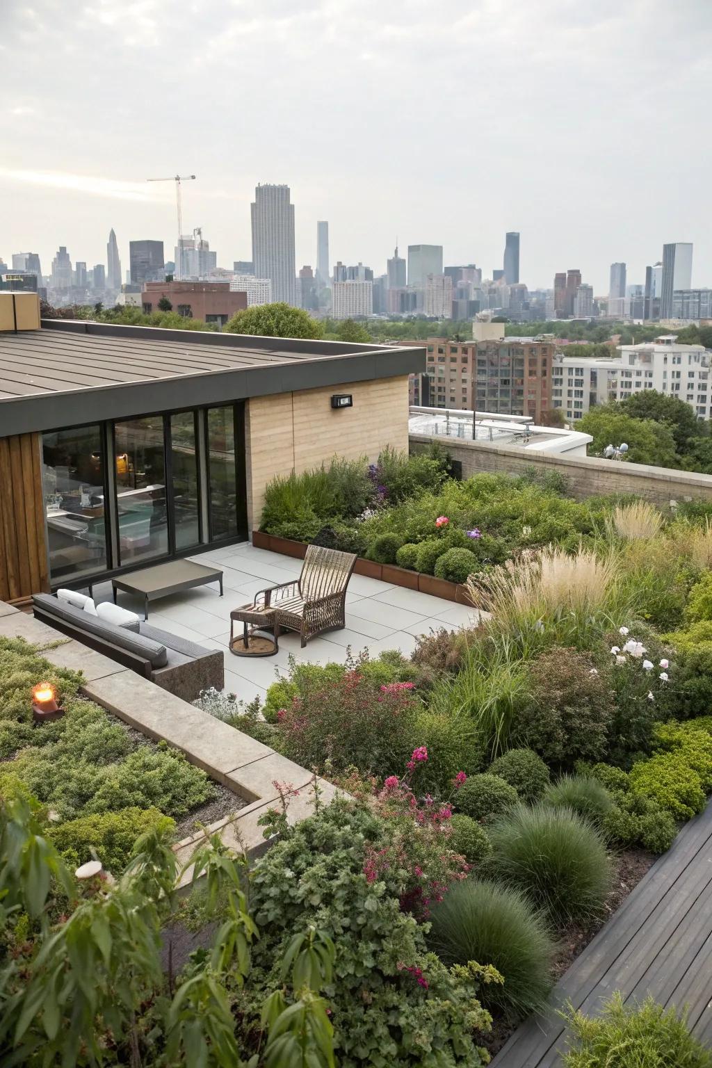 A rooftop garden atop a flat roof garage crafts a peaceful getaway in your very home.