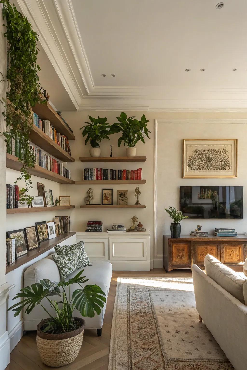 A lounge enhanced by display racks presenting literature and artistry.