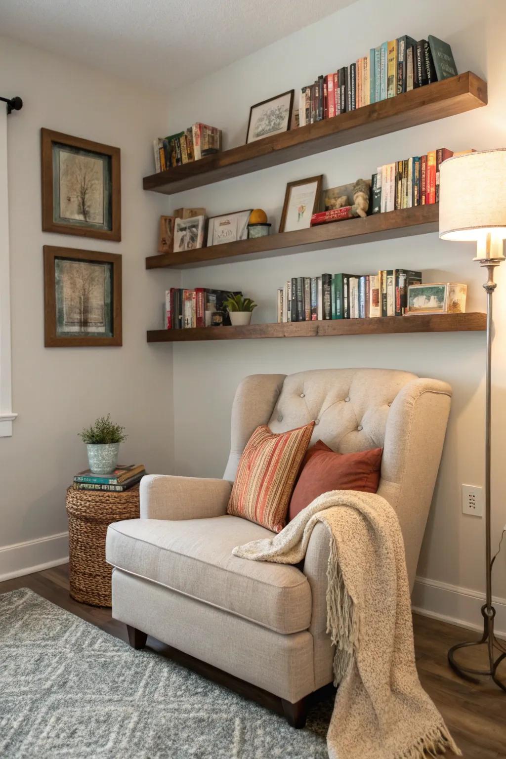 Floating shelves improve a reading nook