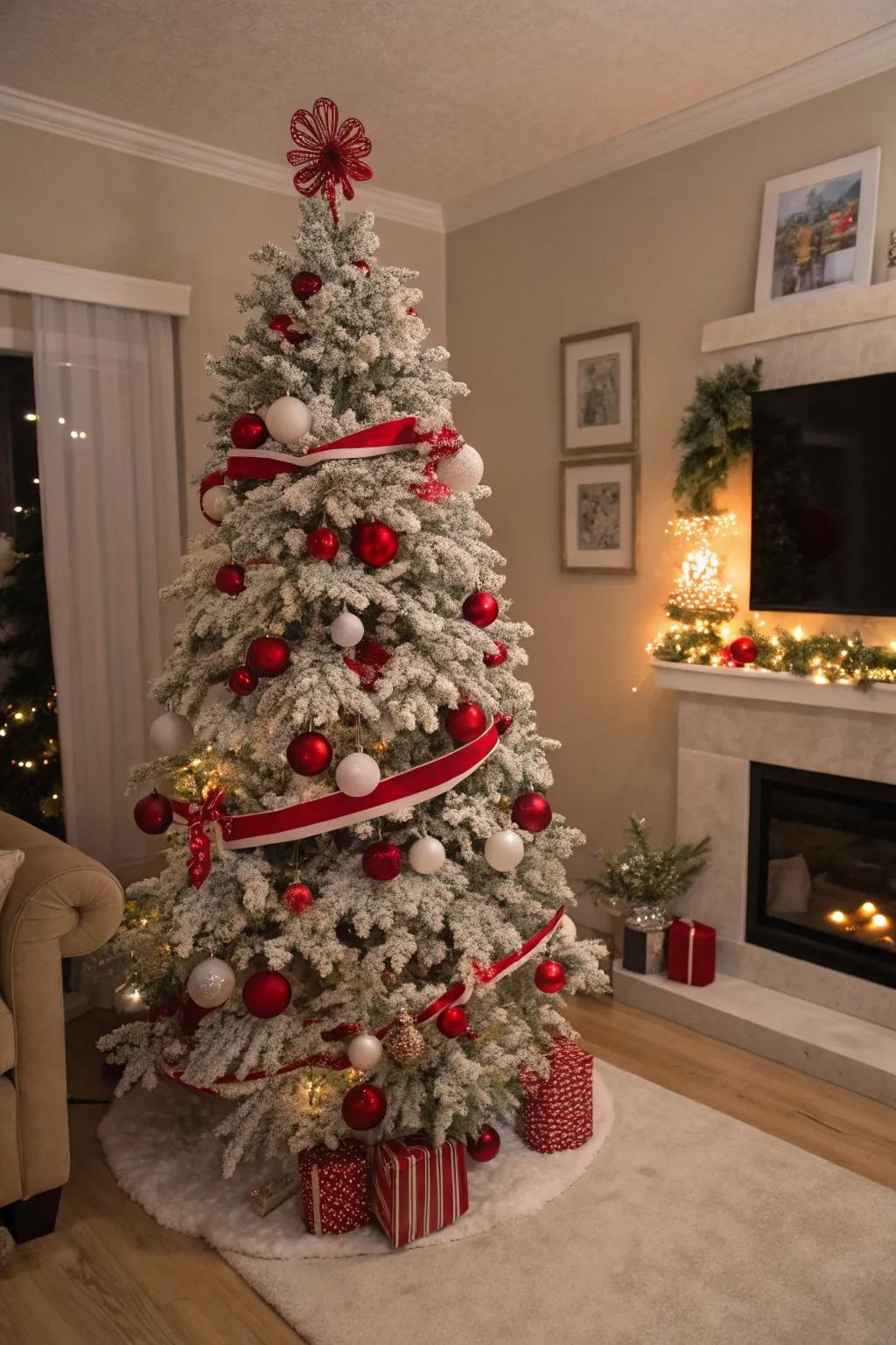 A classically adorned scarlet and ivory flocked Christmas tree.