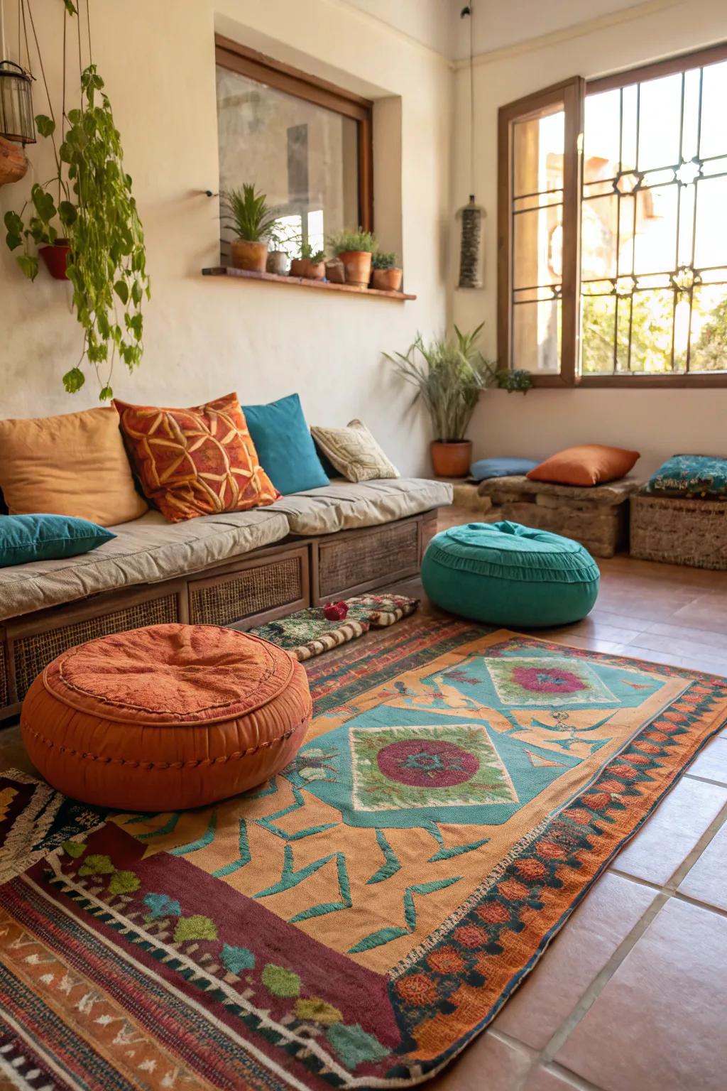Bohemian-inspired floor seating injects a burst of color and creativity.