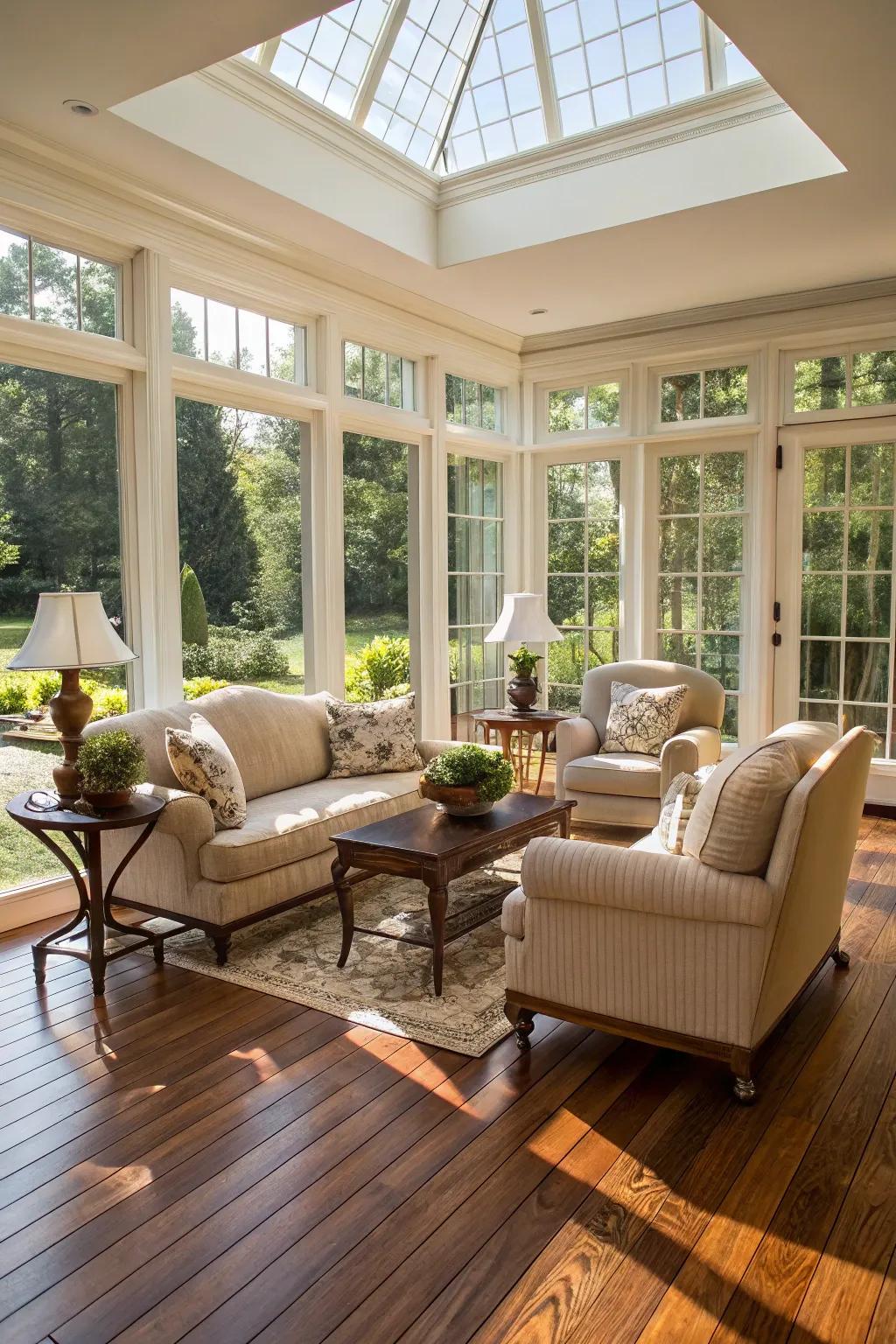 A sunroom showcasing classic hardwood flooring with scenic garden vistas.