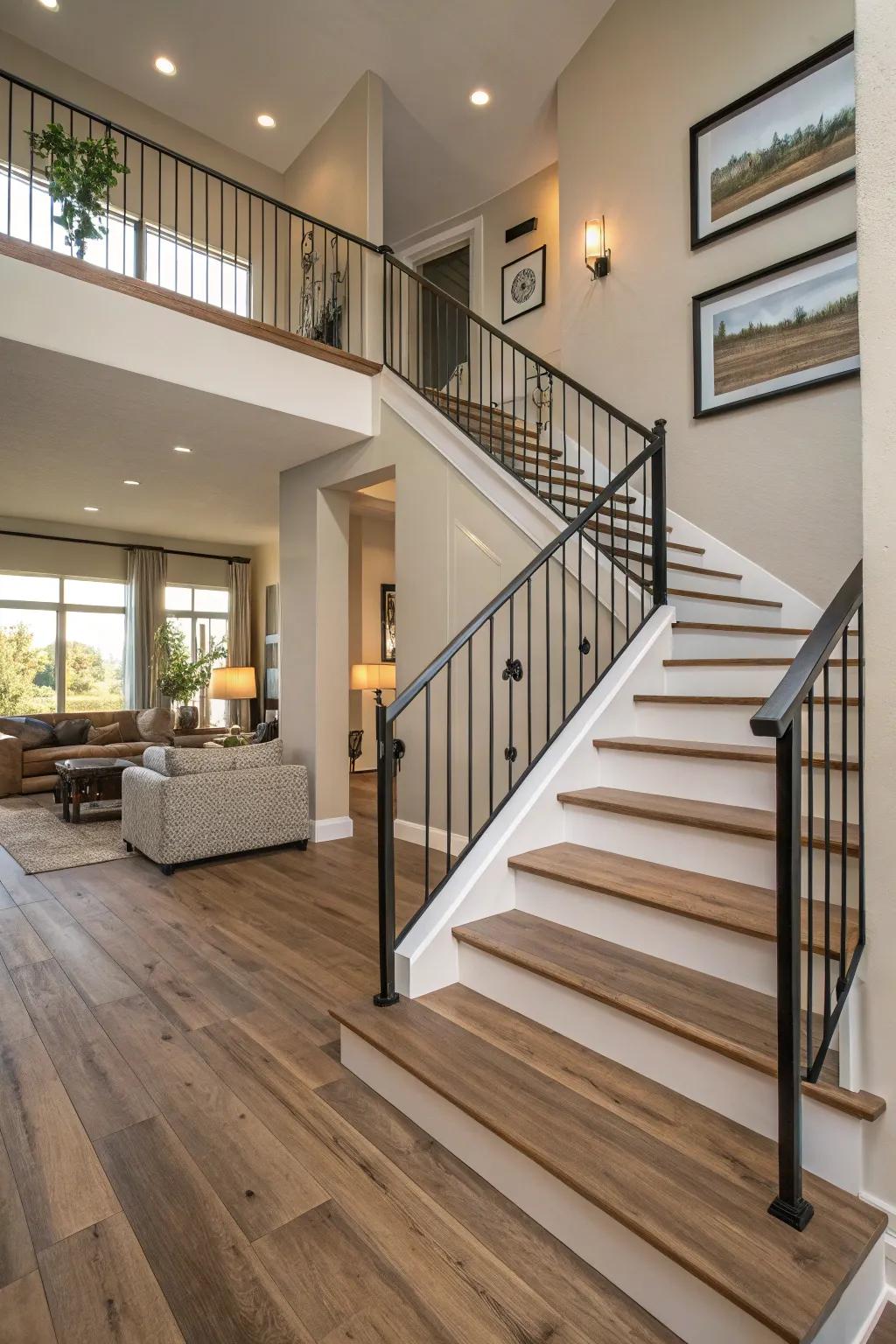 A contemporary staircase showcasing faux wood flooring that exquisitely emulates authentic wood.
