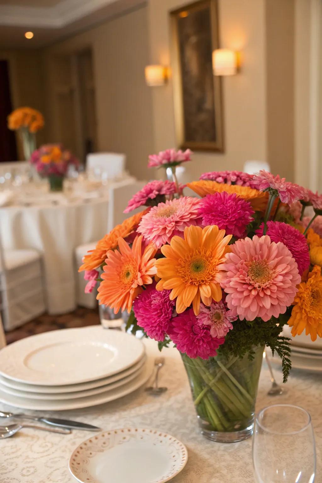 A bold floral centerpiece with pink and orange flowers on a dining table.
