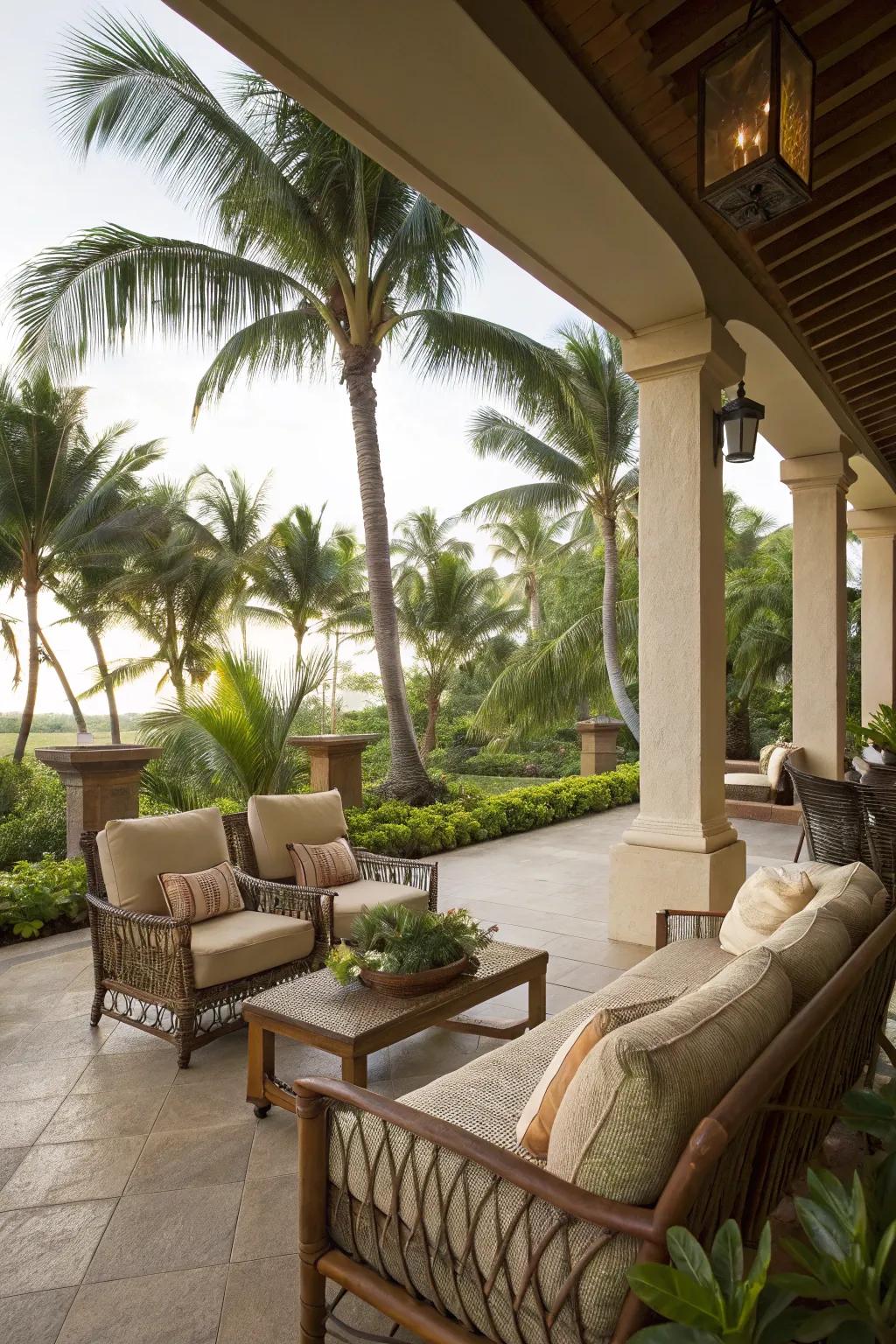 Craft a serene escape with luxurious seating and tropical beauty.