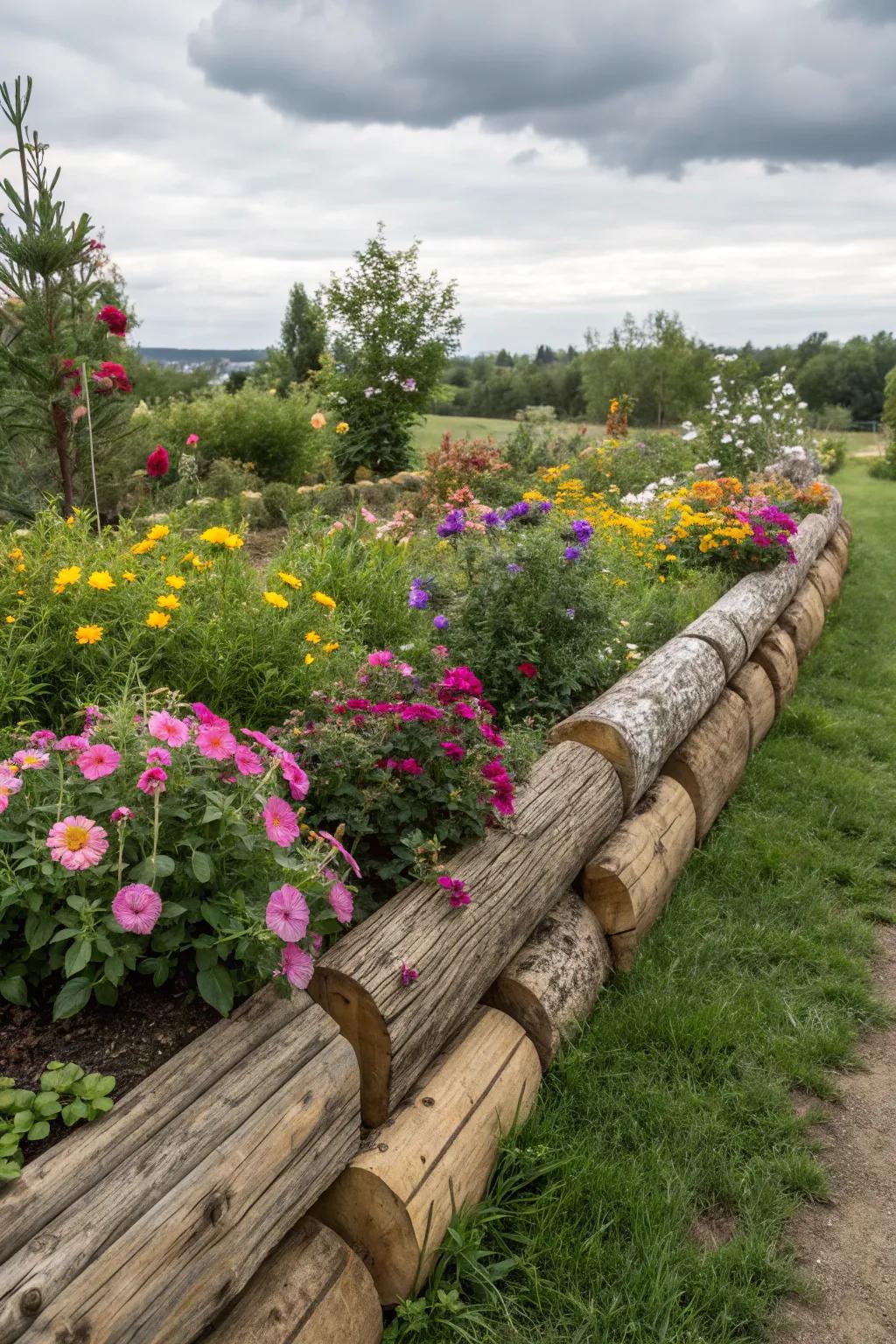Wooden logs establish an attractive and rustic boundary for flower beds.