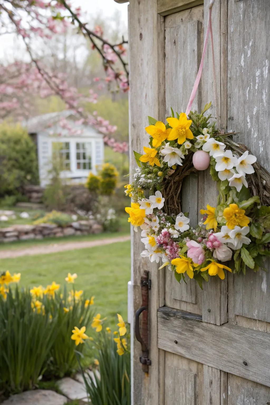 The wreath of spring's awakening infuses warmth into your entrance.