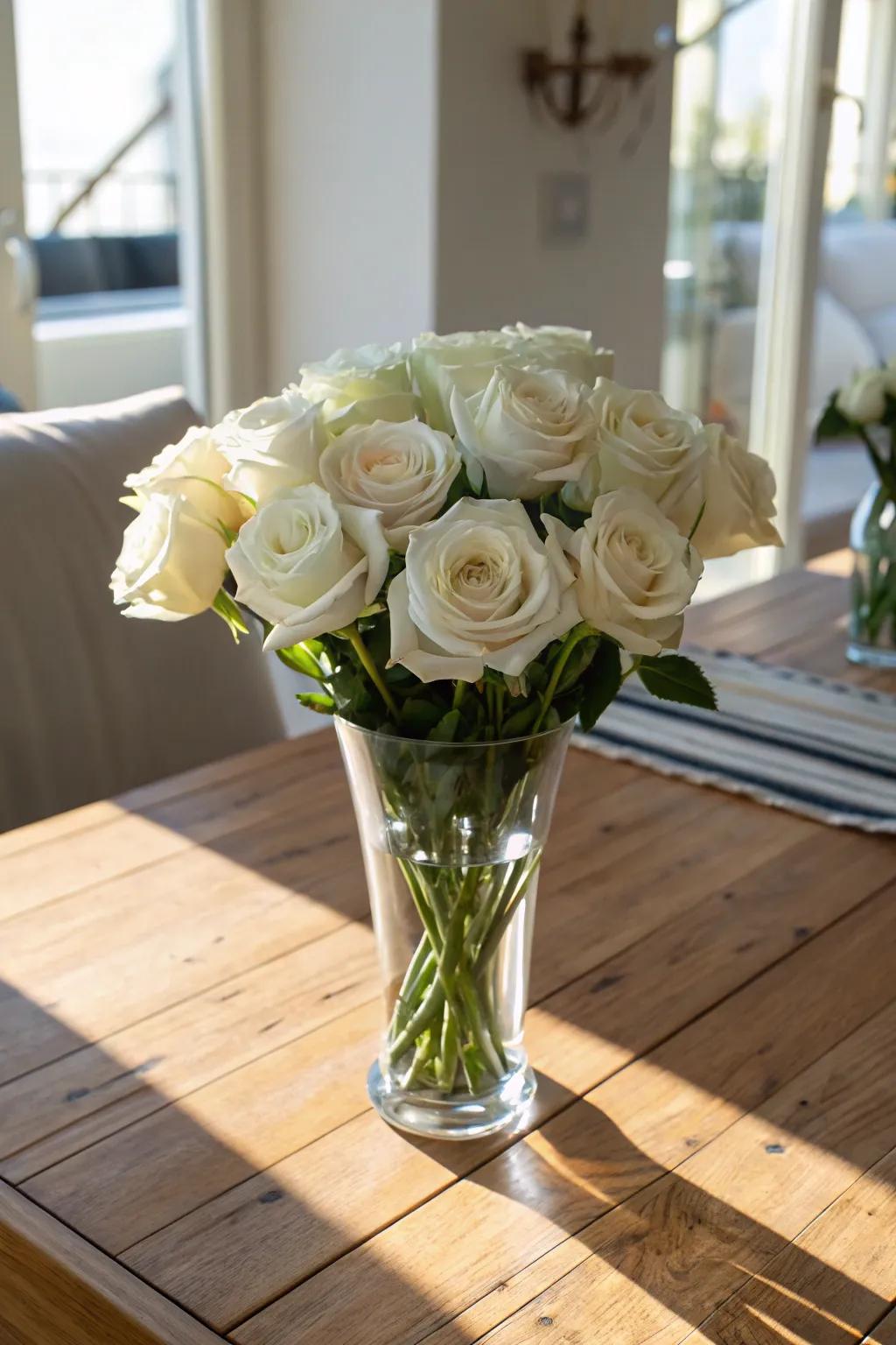 Elegant ivory roses in a clear vase gracing a dining table.
