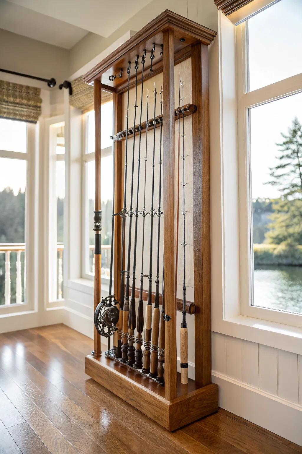Upright rod storage that blends practicality with beauty.