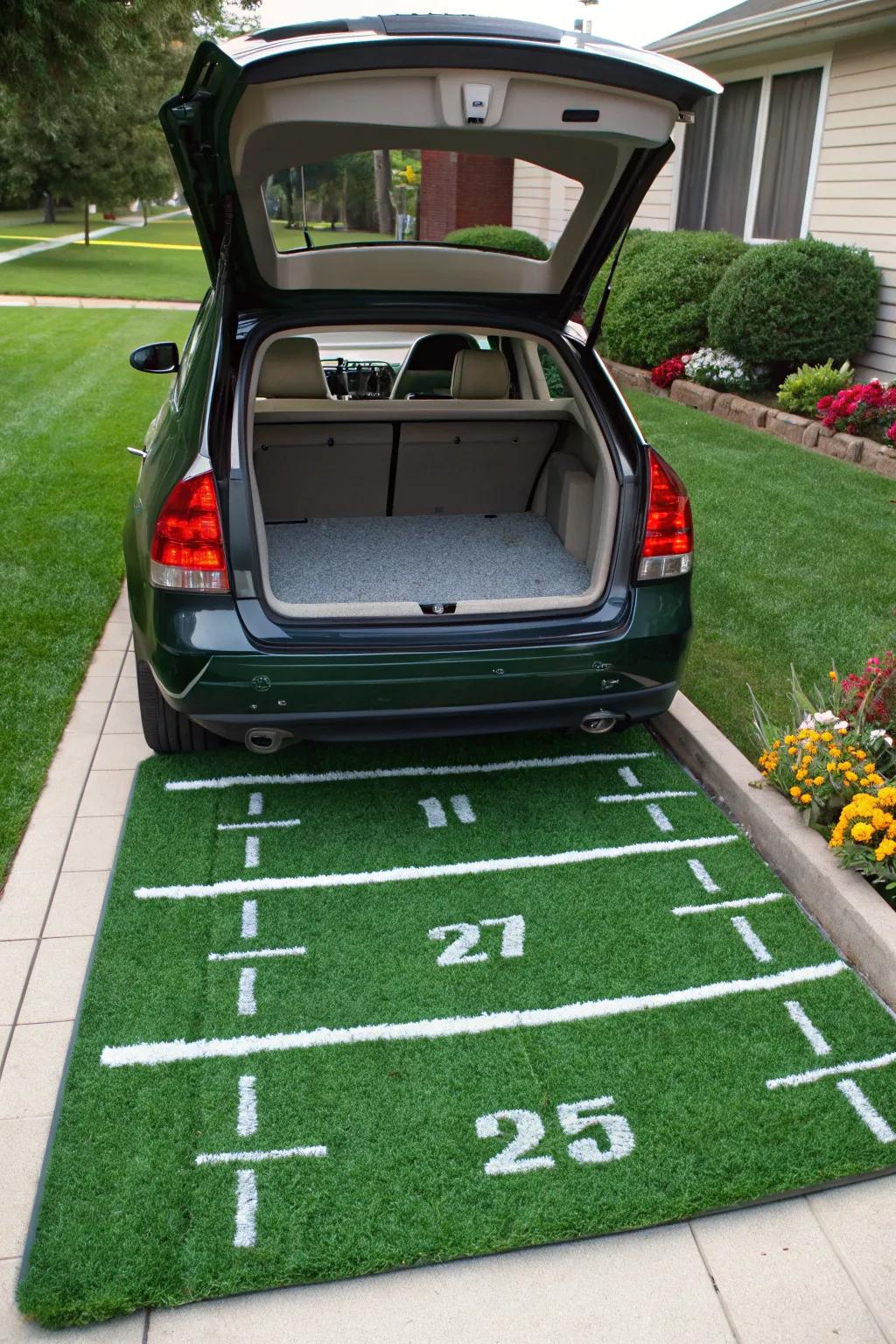 Make your trunk into a little football field by using green turf and white yard lines.