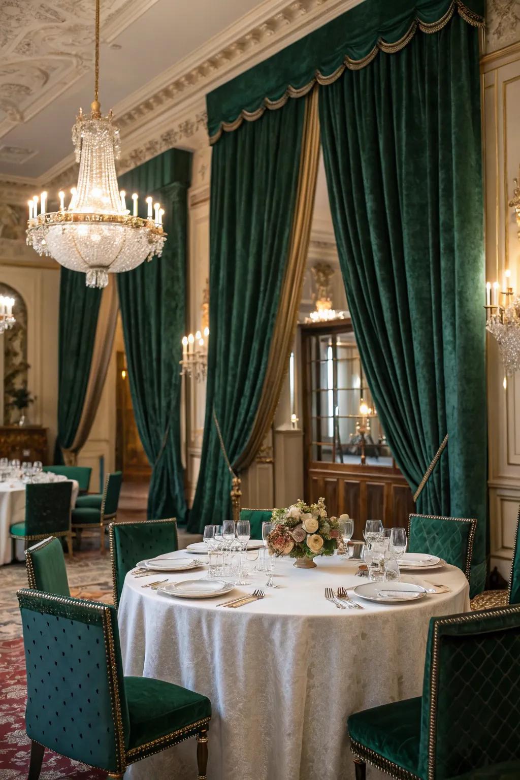 Deep emerald velvet curtains impart a sense of opulence to this formal dining area.