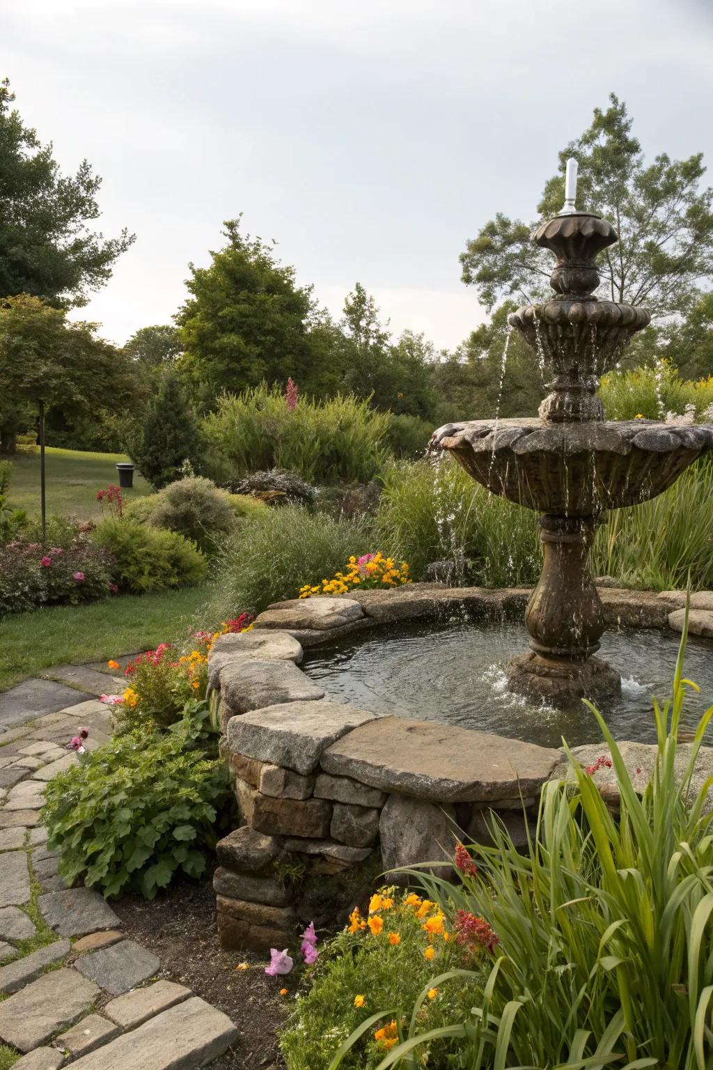 A natural stone fountain harmoniously integrated within a garden environment.