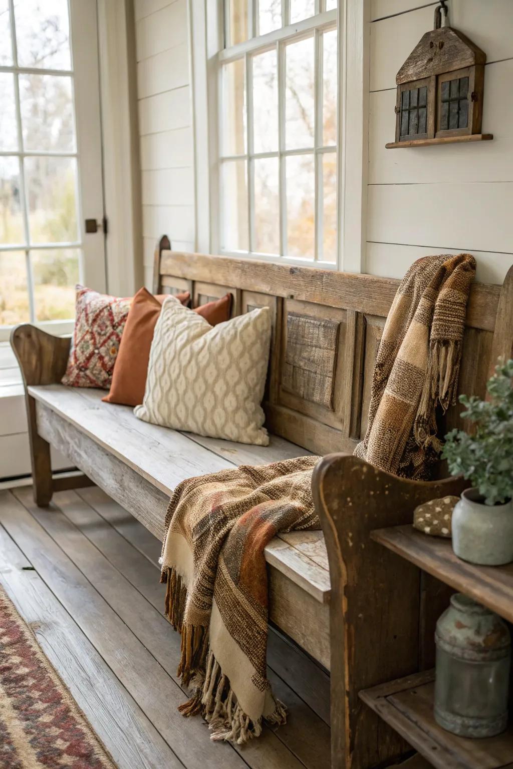 A country wood seat brings a touch of warmth and practicality.