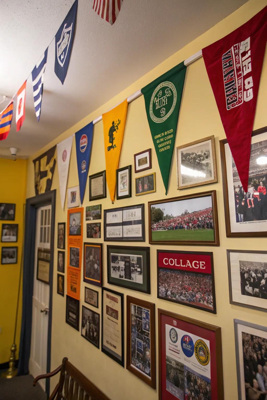 Celebrate your university pride with a wall decked out in flags and memories.