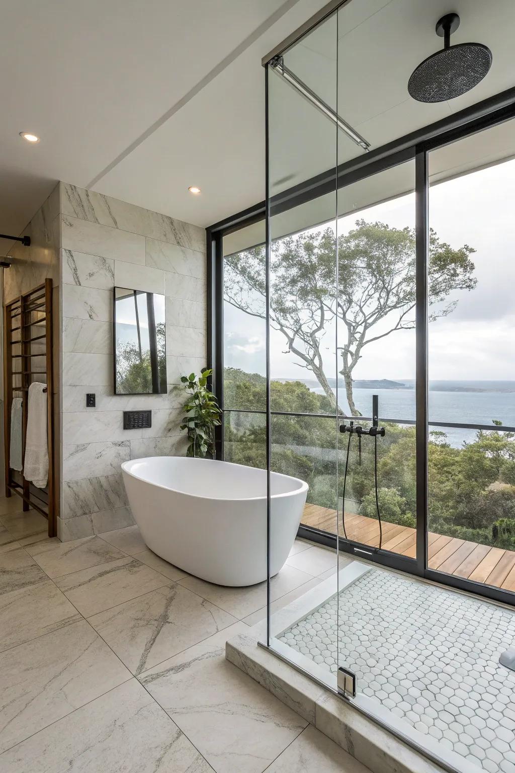 A freestanding tub nestled inside a stylish glass-enclosed shower area.