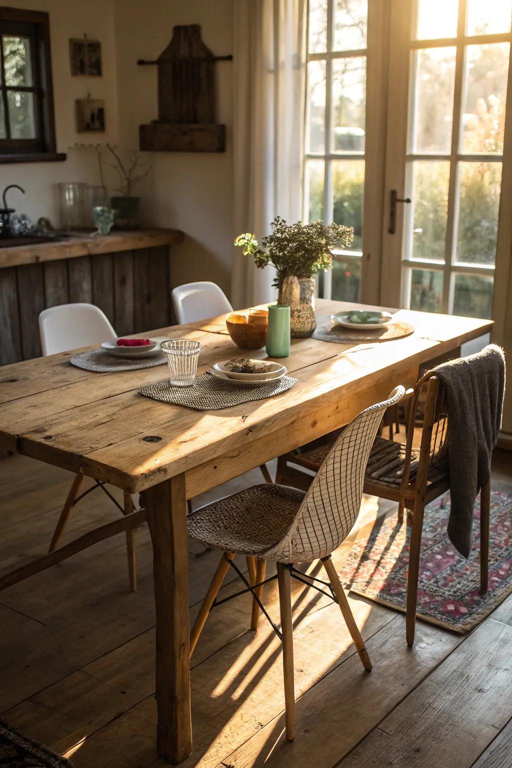 A weathered wood dining table complemented by charming, mismatched chairs.