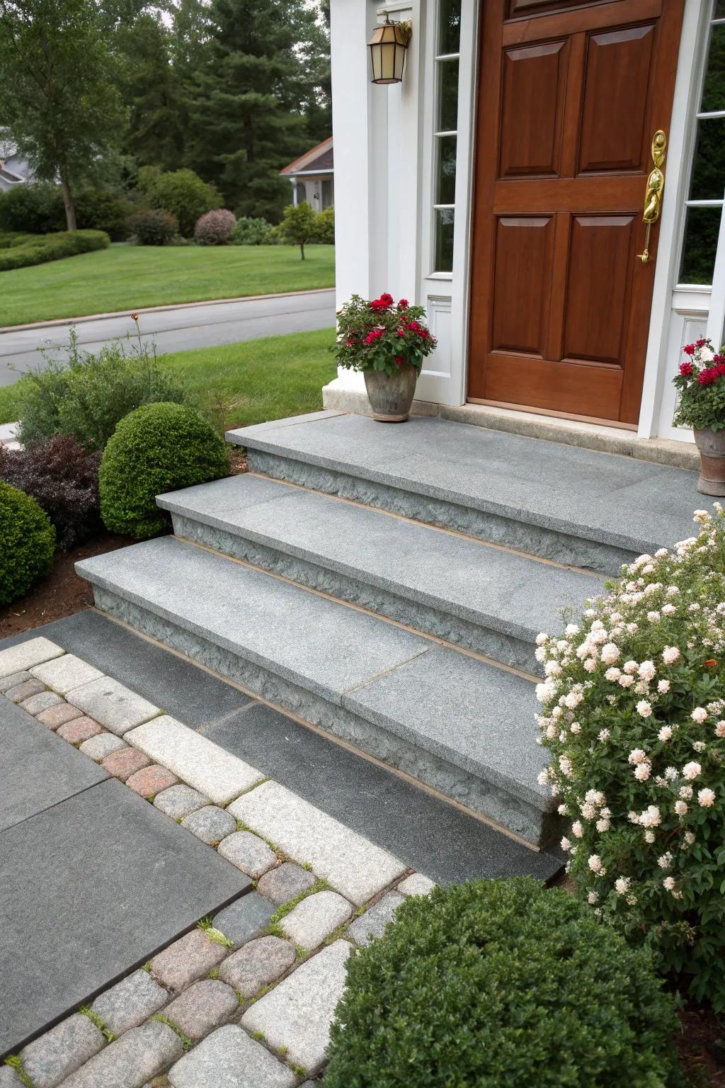 Classic gray stone steps introduce a hint of sophistication.