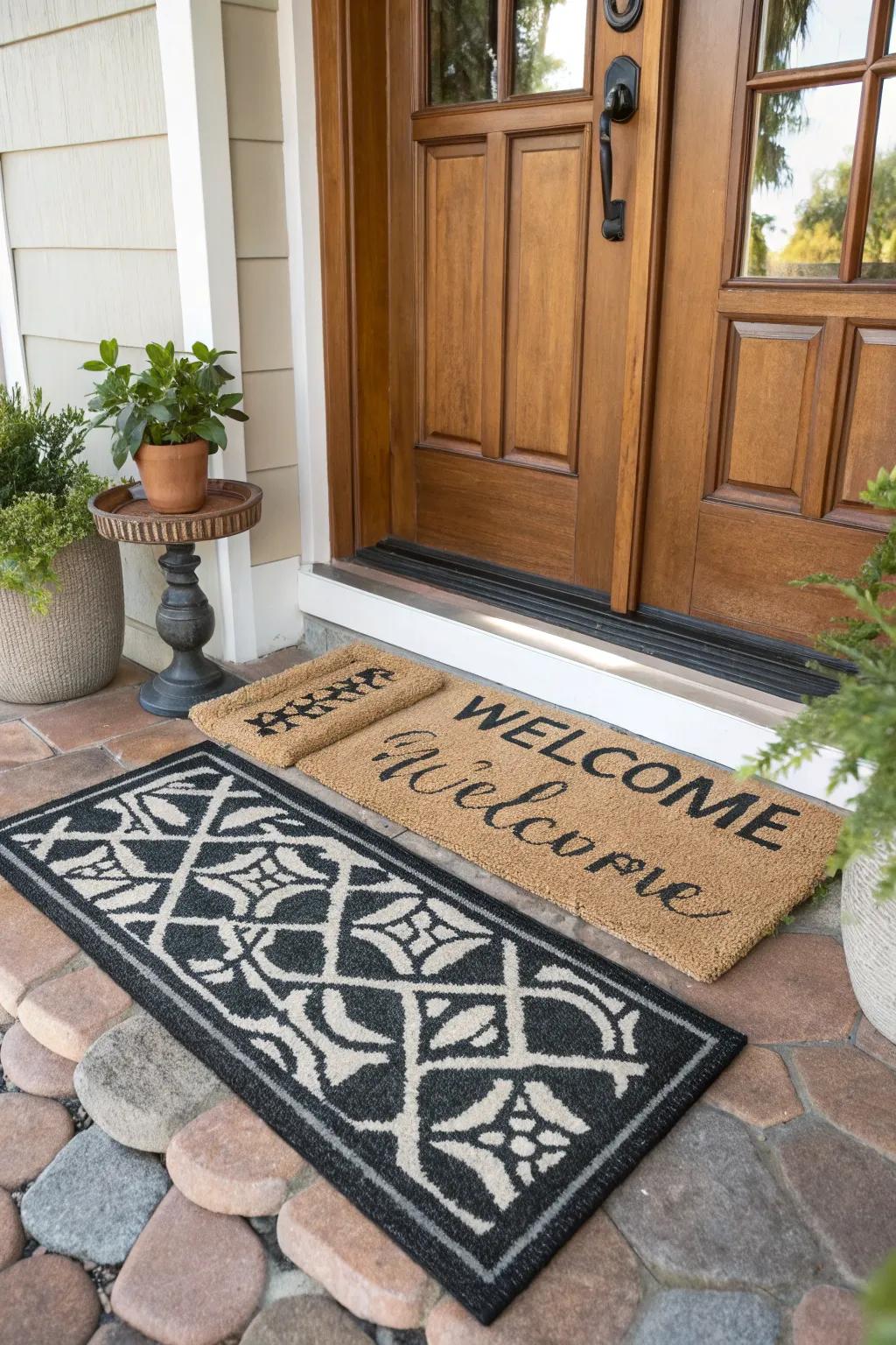 Layered doormats creating an inviting entryway.