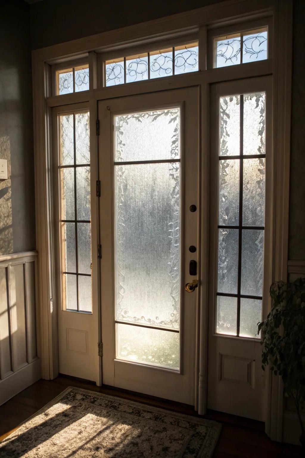 A front door that uses obscured glass sections to provide privacy.
