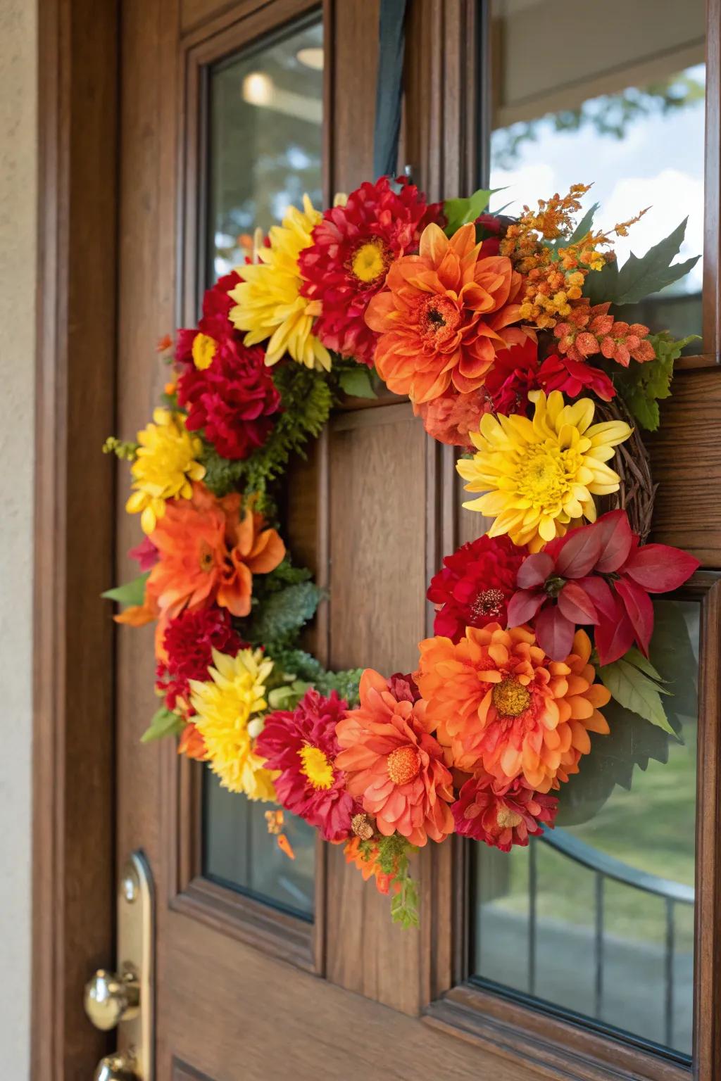 A seasonal floral wreath, a painted portrait of nature’s changing beauty for your front door.