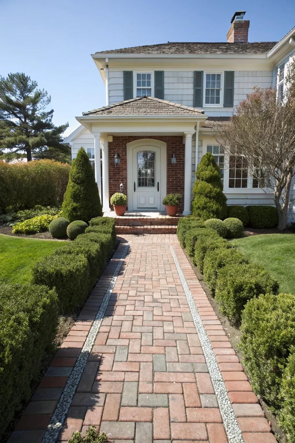Delightful brick pavers leading to a warm greeting.
