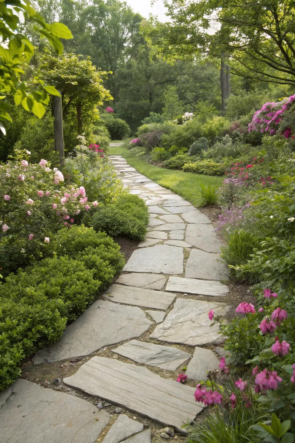 An earthy pathway created from natural rock, embraced by flourishing greenery.