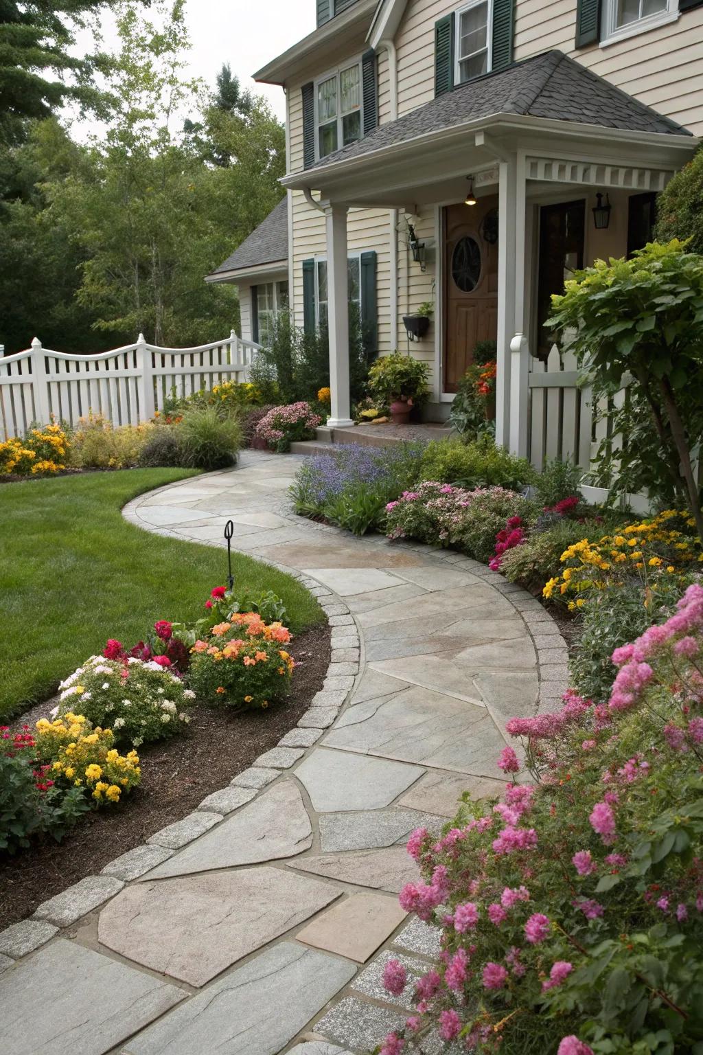 An enchanting curved walkway that guides toward the entrance of a residence