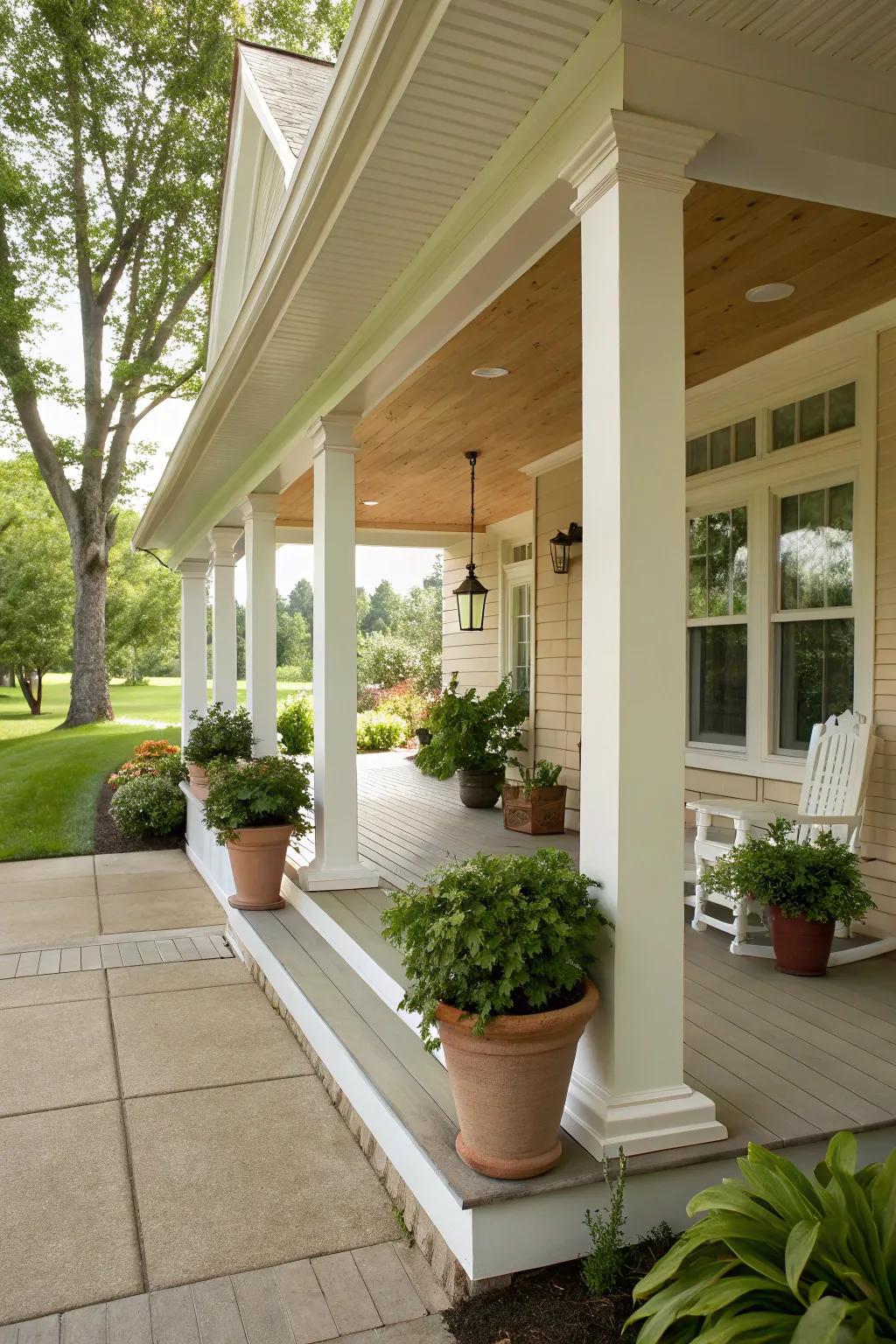 A quintessential gabled roof brings enduring charm to any porch setting.