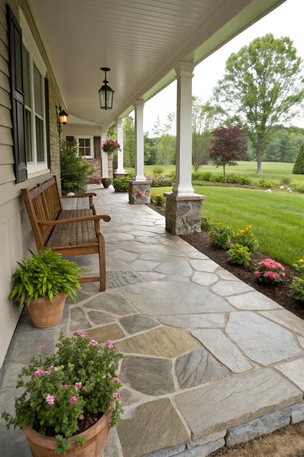 Natural stone provides a fusion of grace and sturdiness ideal for your porch.