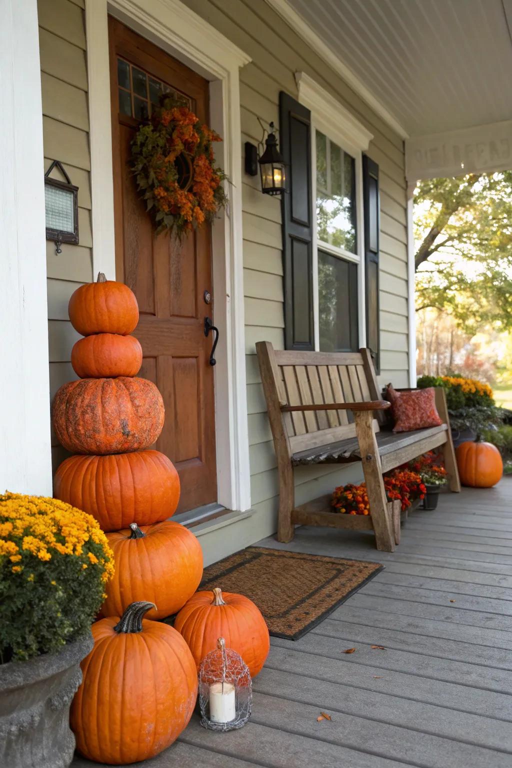 Pumpkin arrangements bring a vertical dimension to porch decorations.