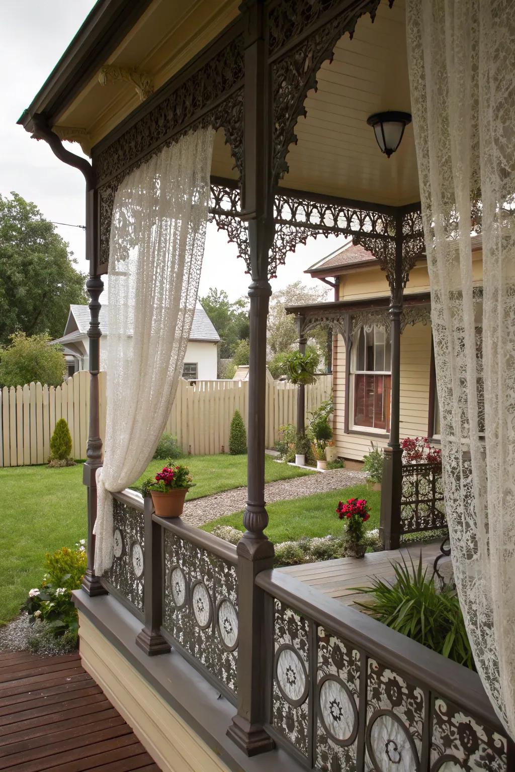 A porch adorned with legacy metal railings, filled with historical charm.