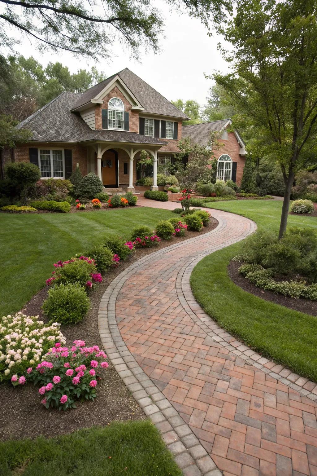 A quaint brick path gracefully winds through a vibrant front garden.