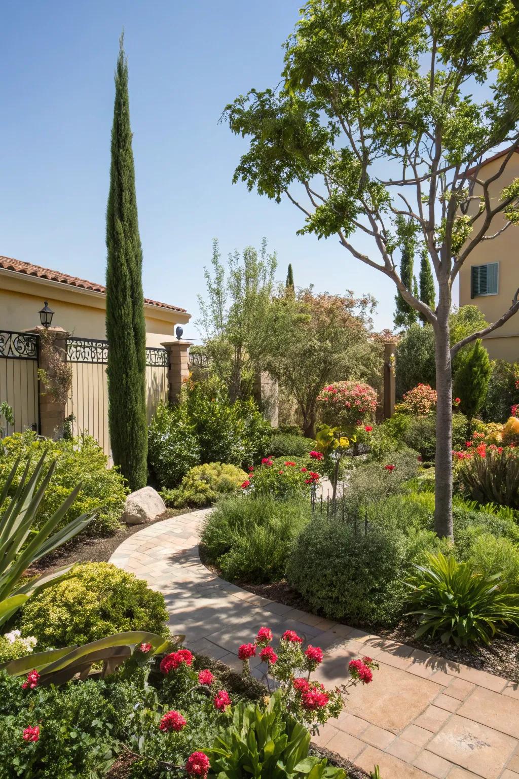 A verdant sanctuary in the front yard, showcasing a variety of plants that foster a serene ambiance.