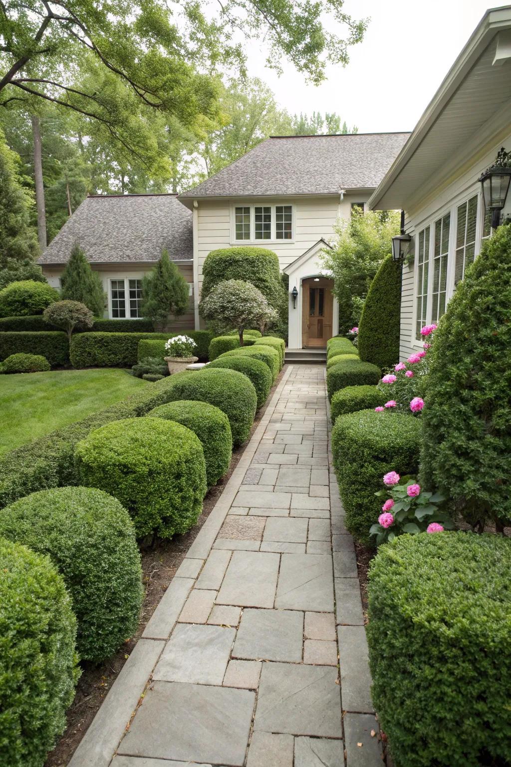 Well-manicured boxwood hedges give this front yard structure.