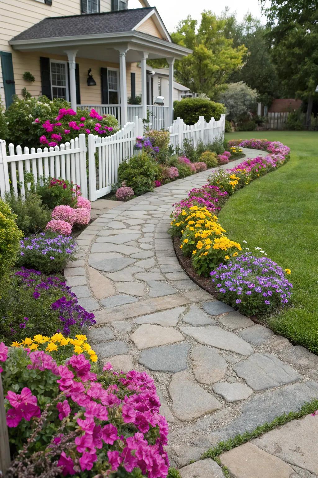Stone pathways elegantly distinguish and separate areas within your flower beds.