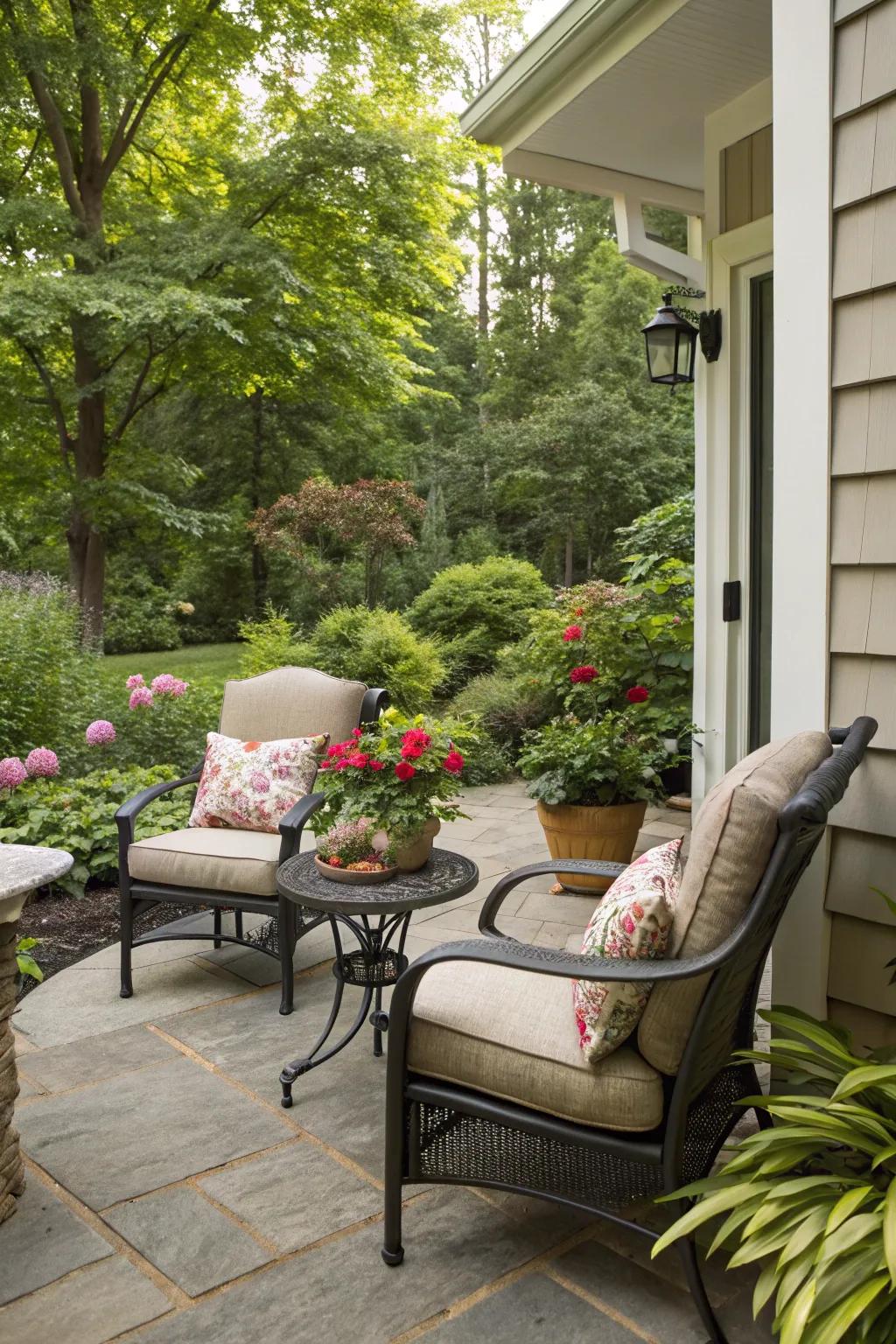 Craft a cozy corner for enjoying morning coffee on your front patio.