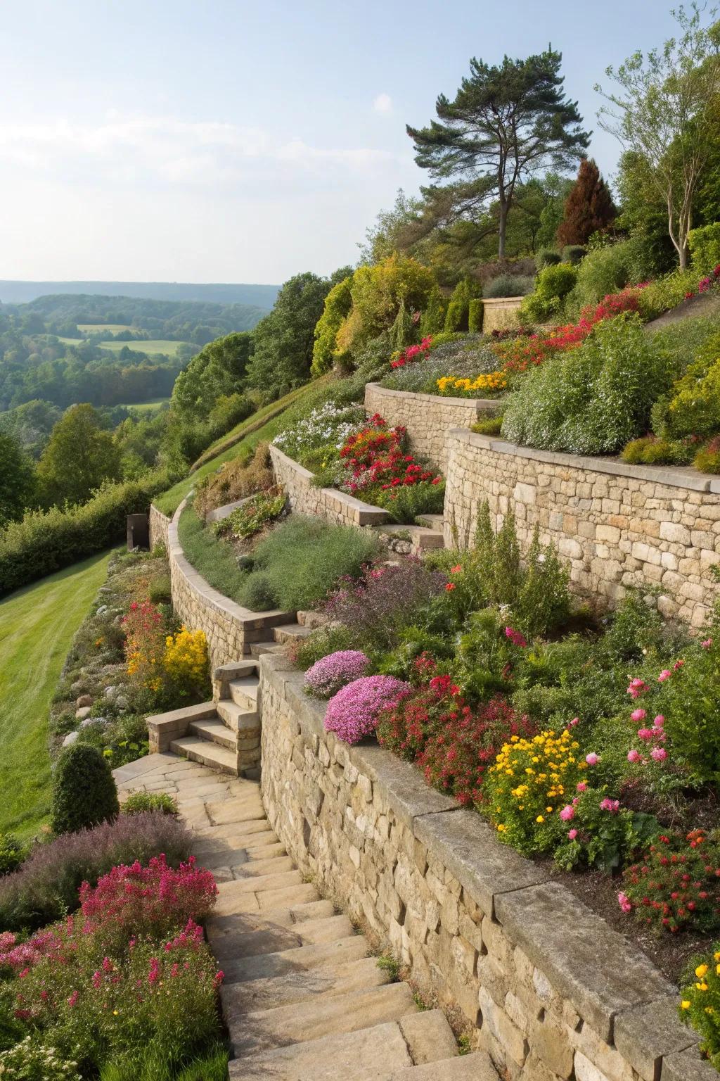 Terraced gardens enrich your front yard's gradient with dimension and intrigue.