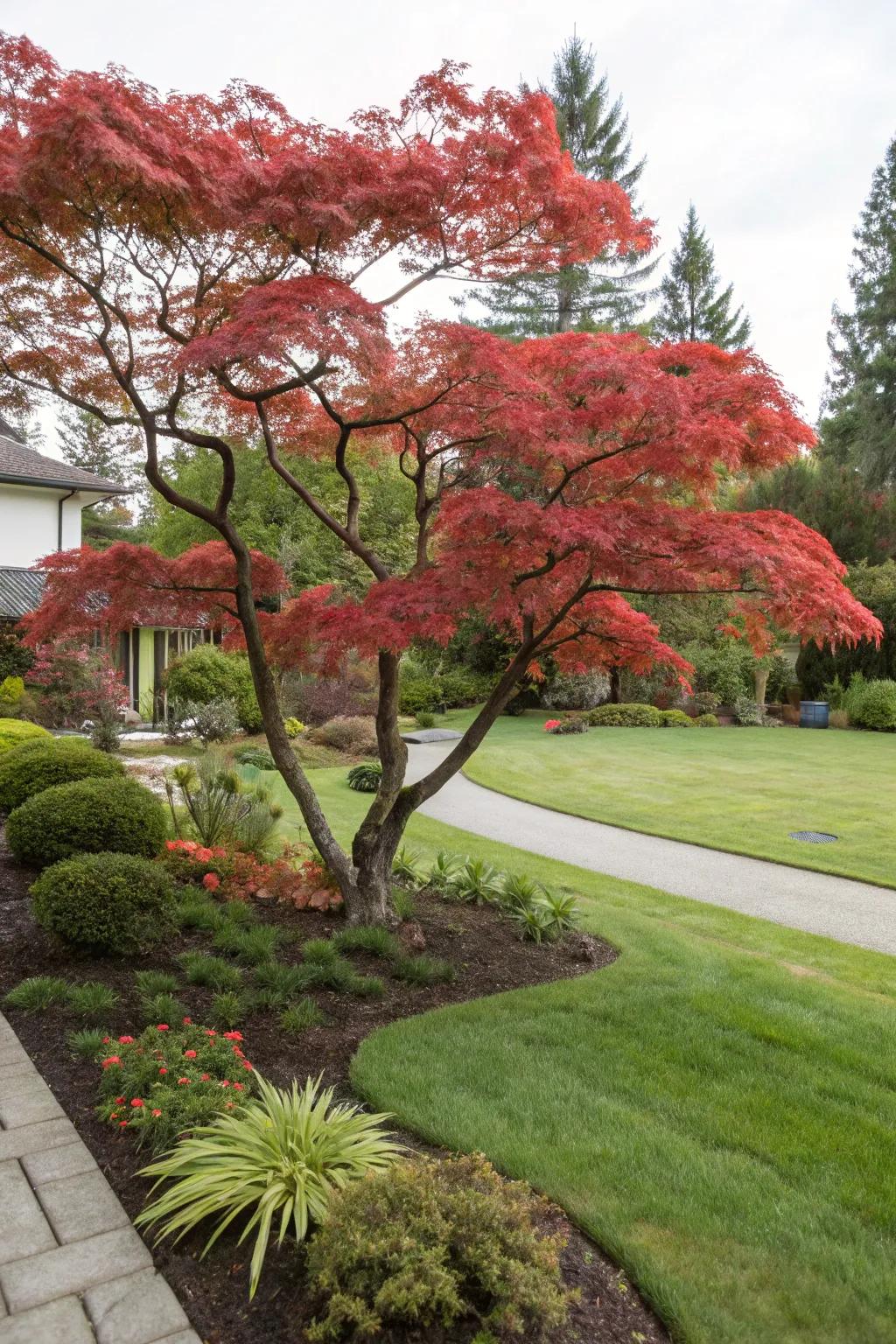 A Japanese maple stands out splendidly as the focal attraction in this front yard setting.