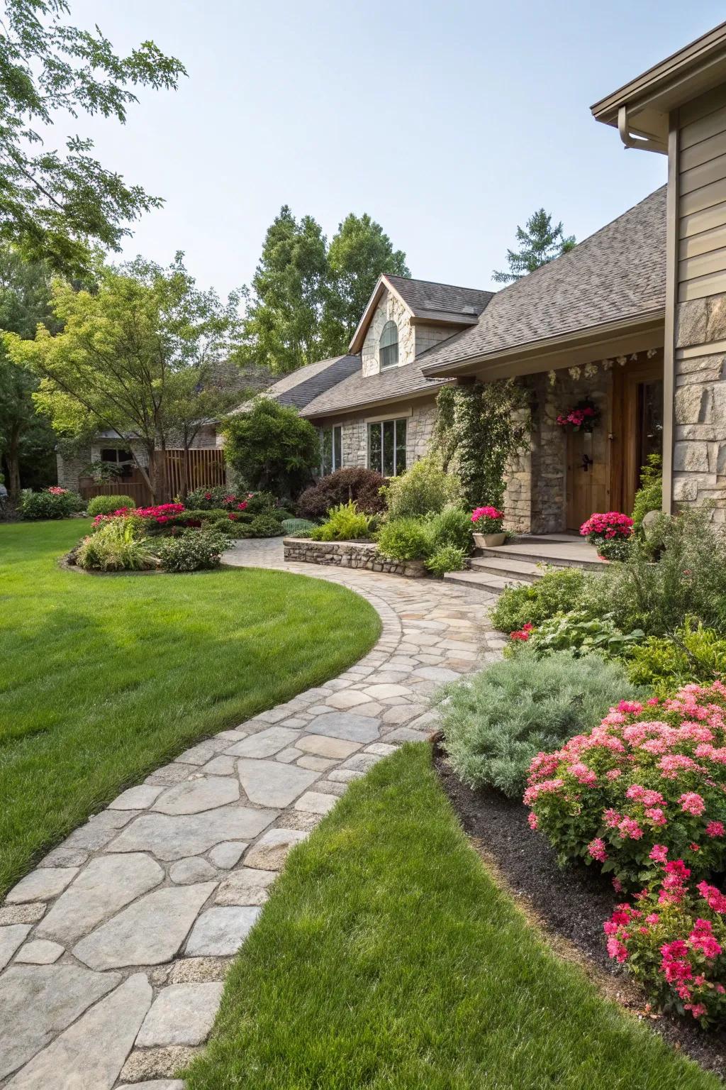 A vibrant green lawn lays the cornerstone for an exquisite front yard design.