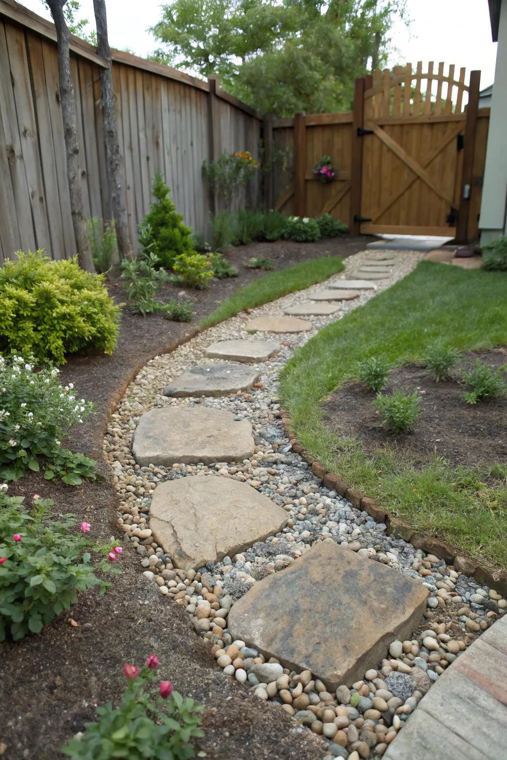 A rock path with stepping stones, gracefully directing through a front garden.