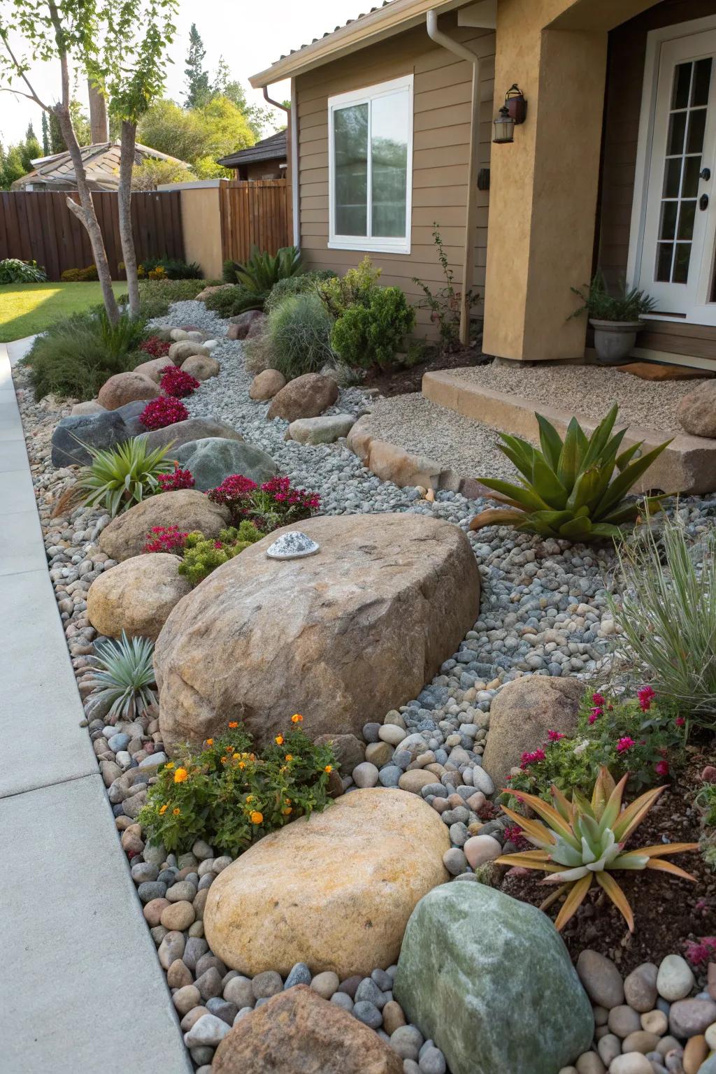 A serene stone garden gracing the front of a home.