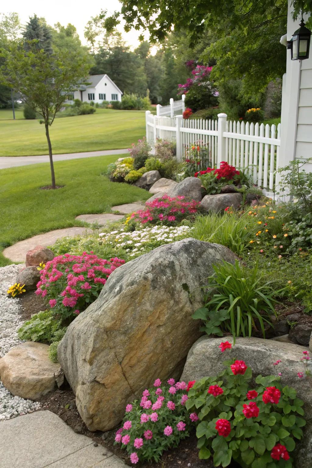 Construct a tranquil stone garden featuring prominent large stones.
