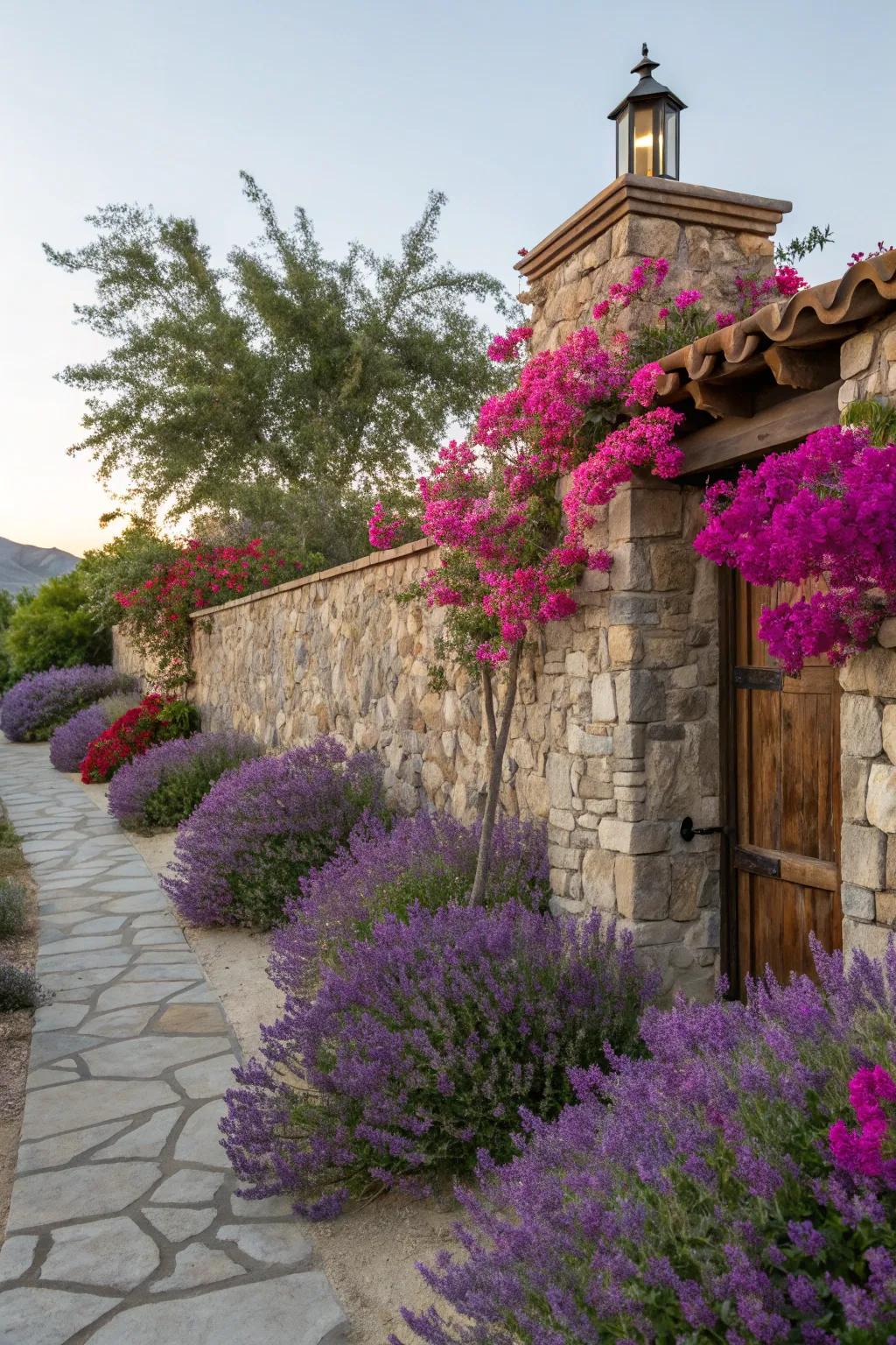 Vibrant thyme and trumpet vine add striking bursts of color to a sun-kissed Mediterranean landscape.