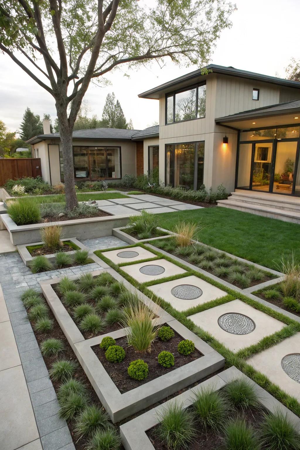 Geometric flower beds fashion a structured and contemporary front yard aesthetic.