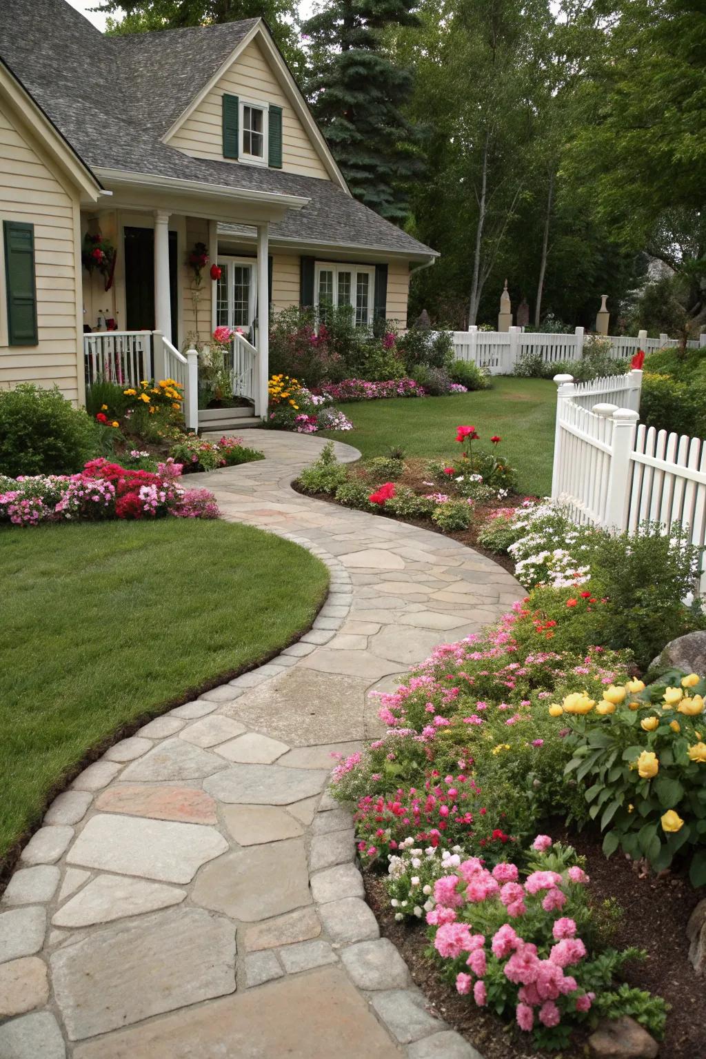 Curved pathways bring an air of sophistication to the front yard.