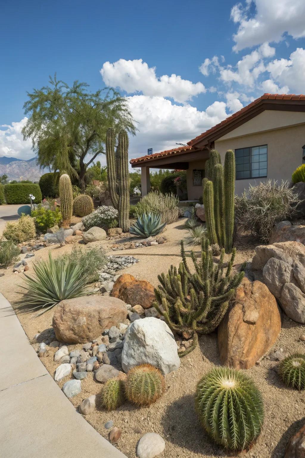 A xeriscape front yard drawing inspiration from desert landscapes, showcasing cacti and succulents as central features.