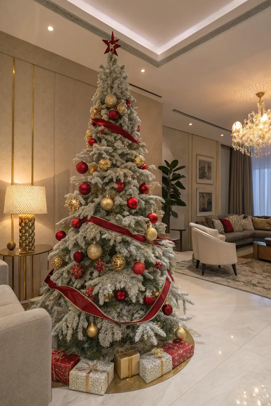 Scarlet and gold decorations contribute an old-fashioned vibe to this frosted Christmas tree.
