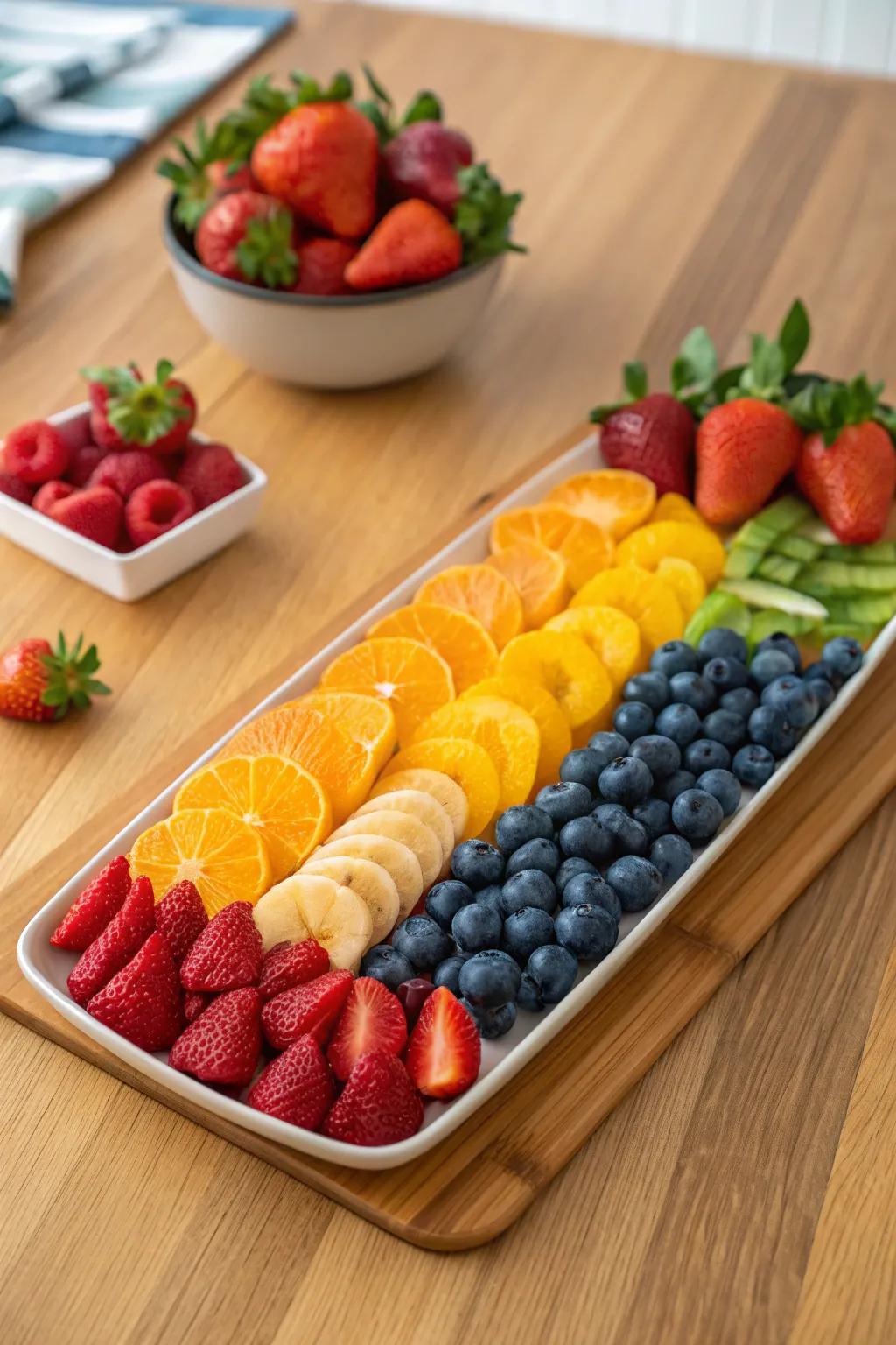 A display of fruit showcasing the colors of the rainbow.