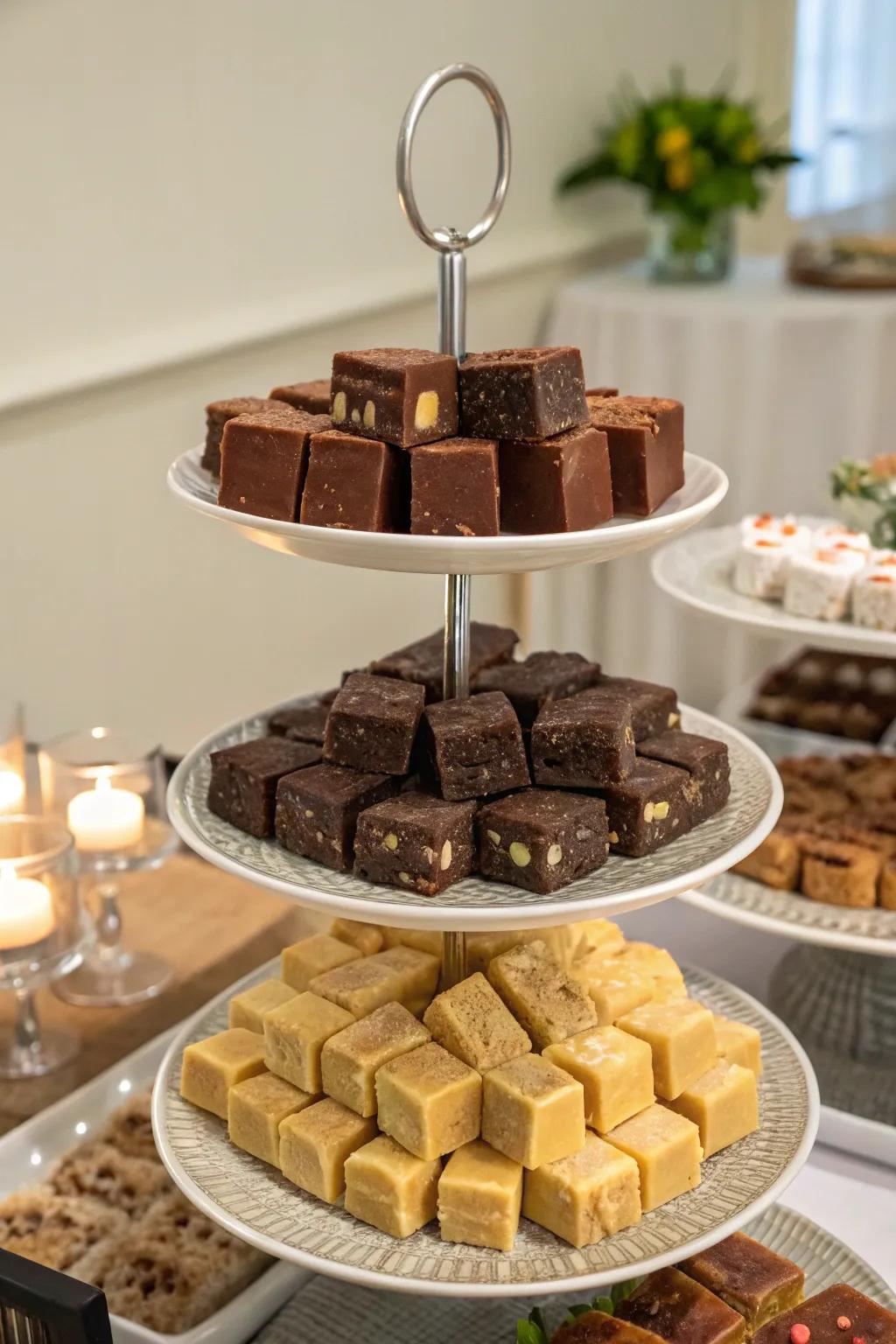 An elegant tiered stand showcasing a selection of creamy delights.