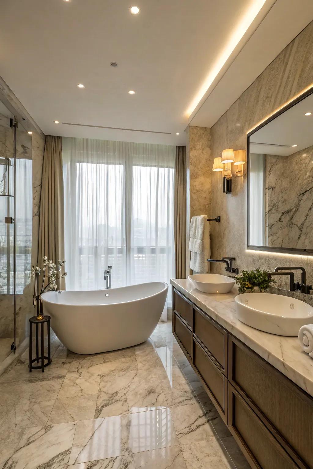 A standalone soaker serves as an elegant focal point within this sophisticated bathroom.